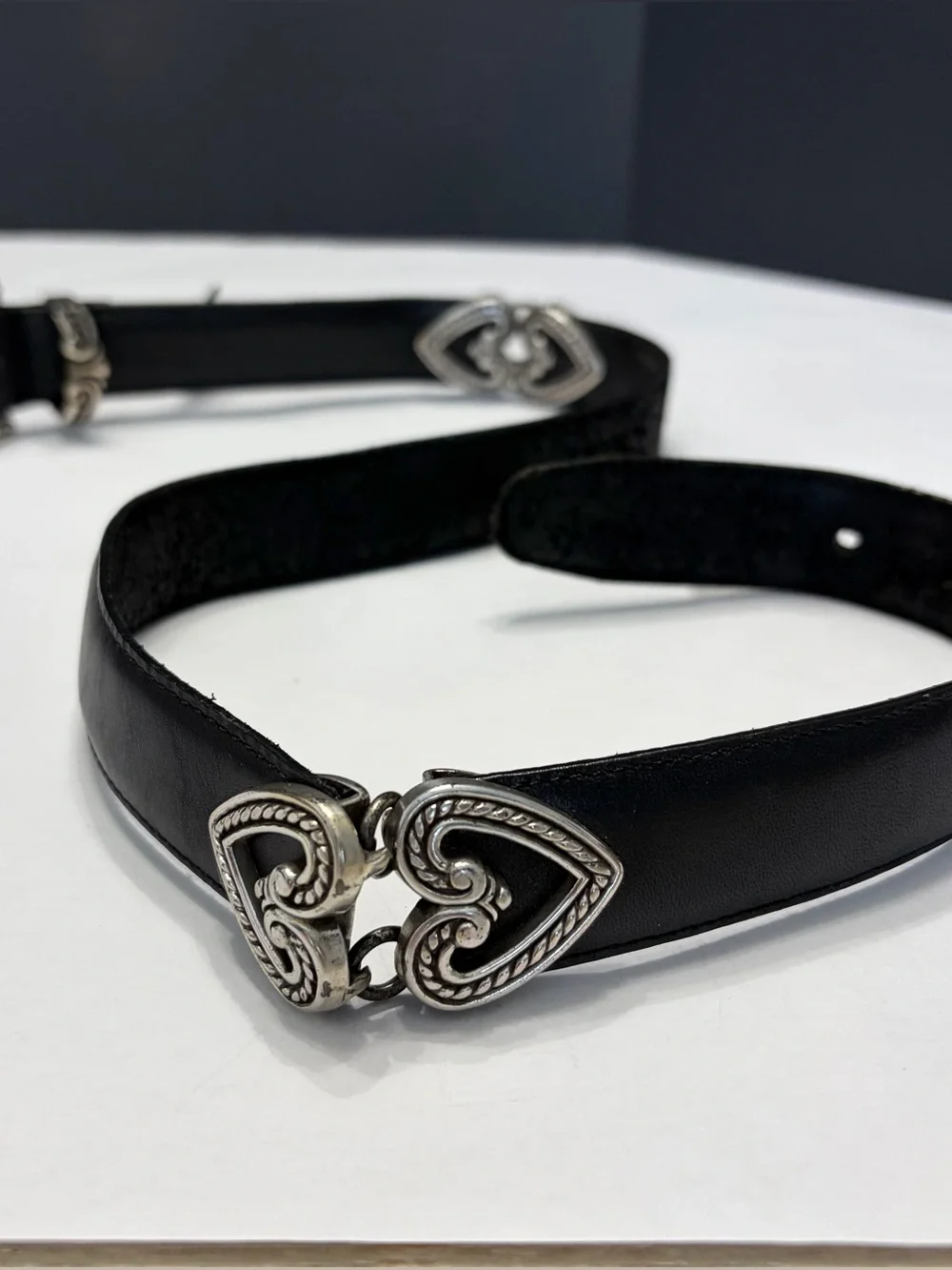Vintage Brighton Black Leather Heart Belt Silver Hardware Western Boho USA Made